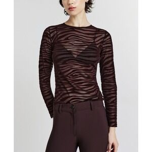 Rachel Zoe Velour Zebra Print Sheer Long Sleeve Top Women XS Brown‎ Y2K Inspired